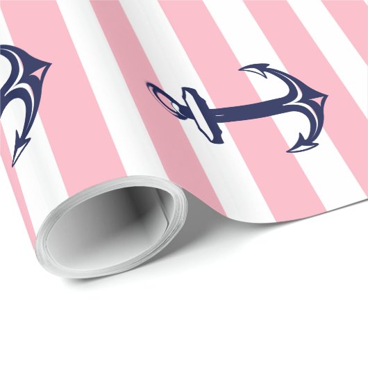 Weiße und rosa Streifen blaue Wasserankerin Geschenkpapier (Rolleneckpunkt)