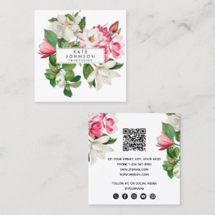 Weiße und rosa Vintage-Magnolienblüten QR-Code Quadratische Visitenkarte