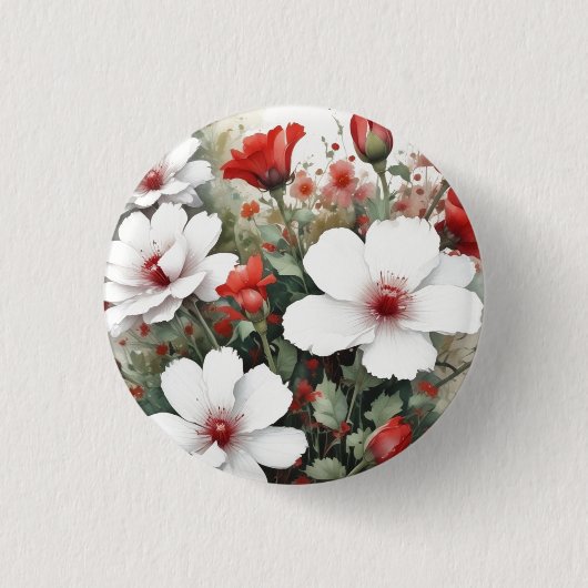 Weiße und rote Blume Elegante Wasserfarbe Button (Vorderseite)