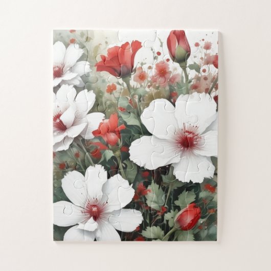 Weiße und rote Blume Elegante Wasserfarbe Puzzle (Vertikal)