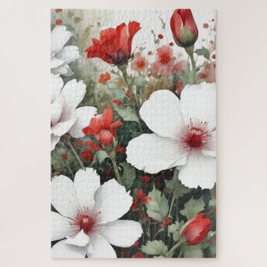 Weiße und rote Blume Elegante Wasserfarbe Puzzle (Vertikal)