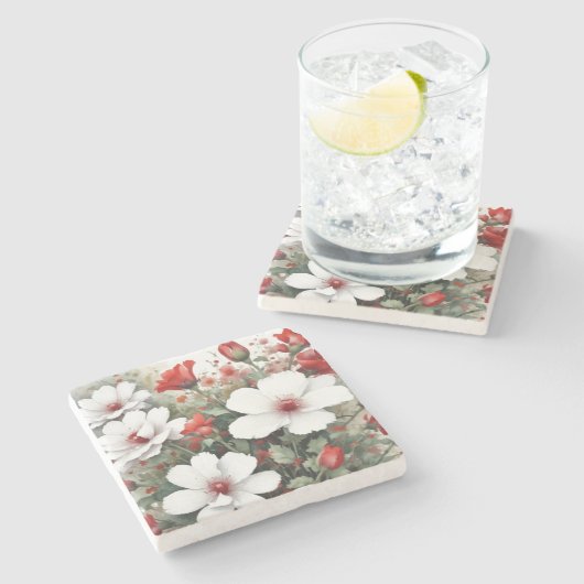 Weiße und rote Blume Elegante Wasserfarbe Steinuntersetzer (Seitenansicht)