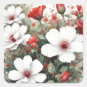 Weiße und rote Blumen Elegante Aquarellmalerei Quadratischer Aufkleber