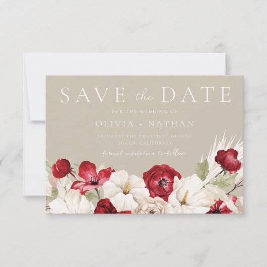 Weiße und rote Blumen Hochzeit Save The Date (Vorderseite)