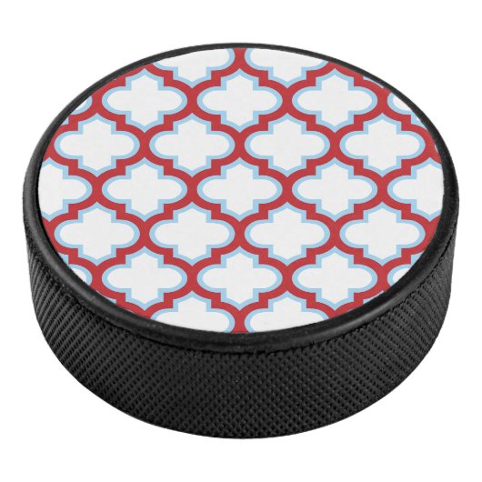 Weiße und rote Trellis, Gitter, Quatrefolie Eishockey Puck (3/4)