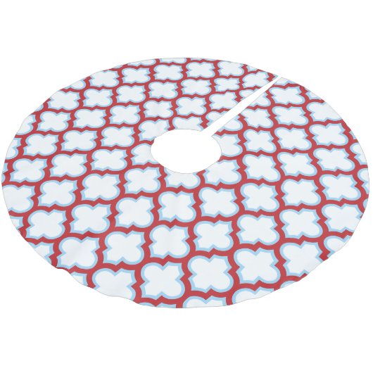 Weiße und rote Trellis, Gitter, Quatrefolie Polyester Weihnachtsbaumdecke (Schrägansicht)