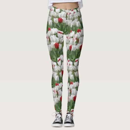 Weiße und rote Tulpen Leggings (Vorderseite)