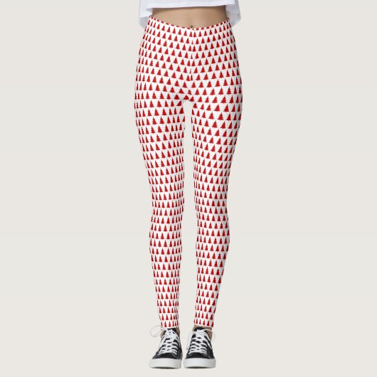 Weiße und rote Weihnachtsbaummuster lang Leggings (Vorderseite)