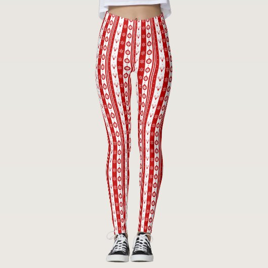 Weiße und rote Weihnachtsferde und Schneeflocken Leggings (Vorderseite)