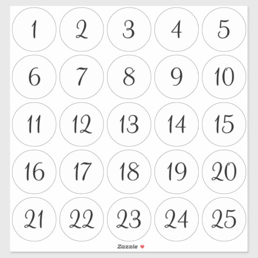 Weiße und schwarze 1 - 25 nummerierte Kreise Aufkleber (Blatt)