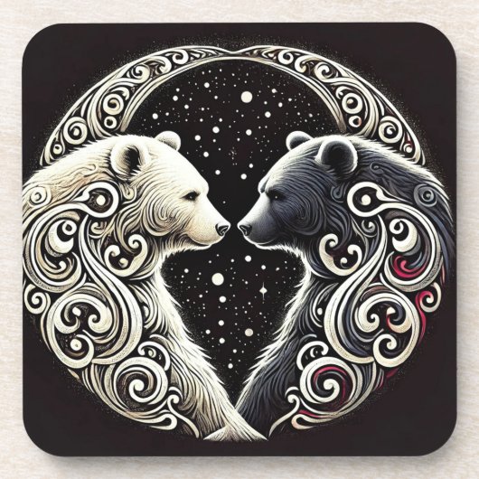 Weiße und schwarze Bären im Yin Yang-Design Getränkeuntersetzer (Vorderseite)