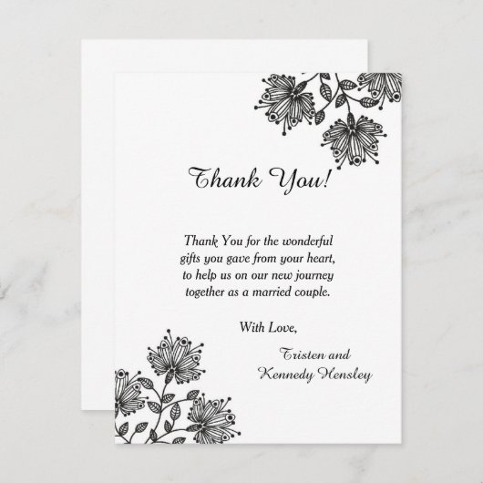 Weiße und schwarze Blumenebene 4x5 danken Ihnen zu Dankeskarte (Vorne/Hinten)