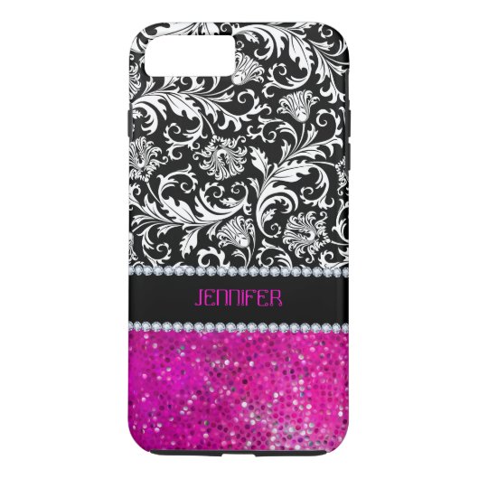 Weiße und schwarze Damaskus Rosa Glitzer & Diamant Case-Mate iPhone Hülle (Rückseite)