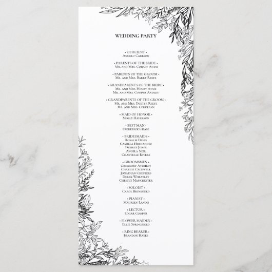 Weiße und schwarze Grünpflanzen Hochzeitsflat Programm (Rückseite)