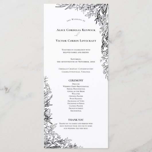 Weiße und schwarze Grünpflanzen Hochzeitsflat Programm (Vorderseite)