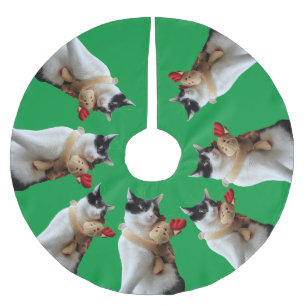 Weiße und schwarze Katze & Rentiere Weihnachts-Spi Polyester Weihnachtsbaumdecke