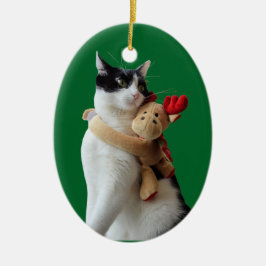 Weiße und schwarze Katze & Rentierspielzeug Keramik Ornament