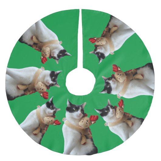 Weiße und schwarze Katze & Rentierspielzeug Polyester Weihnachtsbaumdecke (Vorderseite)