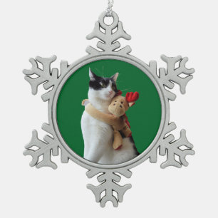Weiße und schwarze Katze & Rentierspielzeug Schneeflocken Zinn-Ornament