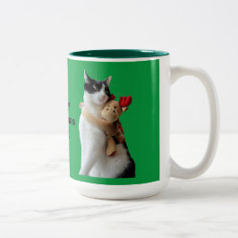 Weiße und schwarze Katze & Rentierspielzeug Zweifarbige Tasse