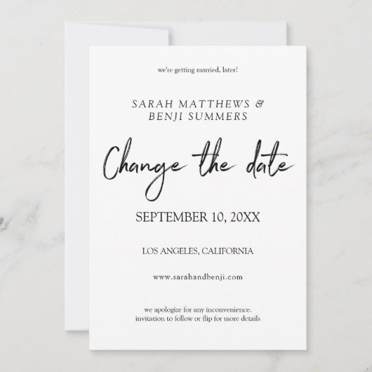 Weiße und schwarze Schrift Ändern Sie das Datum -  Einladung (Vorderseite)