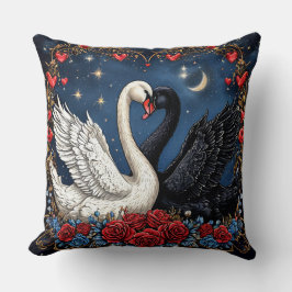 Weiße und schwarze Schwäne mit Herz und Rose Kissen
