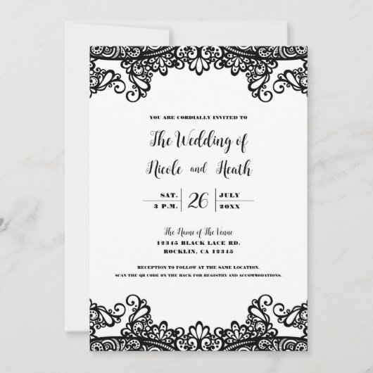 Weiße und schwarze Spitzen Elegante schicke Hochze Einladung (Vorderseite)