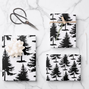 Weiße und schwarze Spruce-Bäume Geschenkpapier Set