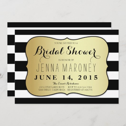 Weiße und schwarze Streifen mit goldfarbenem Braut Einladung (Vorne/Hinten)