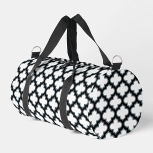 Weiße und schwarze Trellis, Gitter, Quatrefolie Duffle Bag