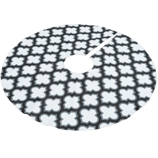 Weiße und schwarze Trellis, Gitter, Quatrefolie Polyester Weihnachtsbaumdecke (Schrägansicht)