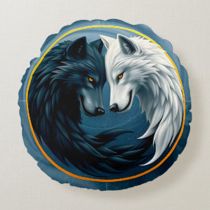 Weiße und schwarze Wölfe, die Yin und Yang repräse Rundes Kissen