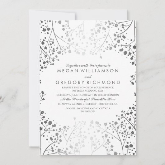 Weiße und Silberne Gipskraut Hochzeit Einladung (Vorderseite)