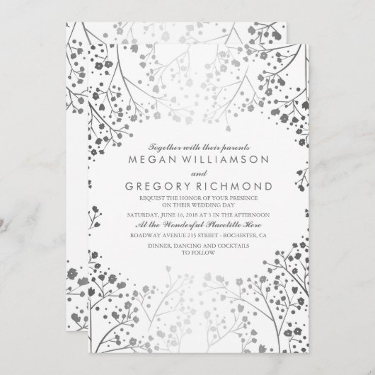 Weiße und Silberne Gipskraut Hochzeit Einladung (Vorne/Hinten)