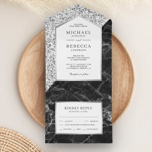 Weiße und silberne Glitter-Schwarz-Marmor-Hochzeit All In One Einladung
