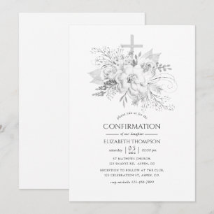 Weiße und silberne Vintage-Blumen-Konfirmation Einladung