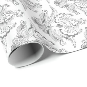 Weiße und silberne Vintage BlumenDamasken 2 Geschenkpapier