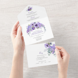 Weiße und violette Anemonen, lila Flieder Blume   All In One Einladung