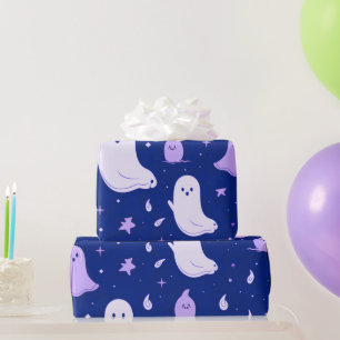 Weiße und violette Geister Sterne Blau Halloween Geschenkpapier