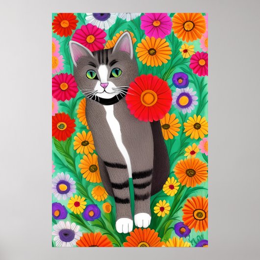 Weiße und weiße Katzen und rote Blume Poster (Vorne)