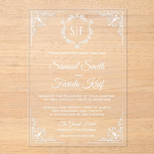 Weiße verzierte Monogramm-Hochzeit Acryleinladungen (Vorderseite)