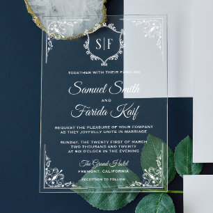Weiße verzierte Monogramm-Hochzeit Acryleinladungen
