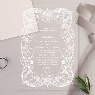 Weiße Verzierte Vintage Hochzeit Acryleinladungen
