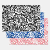Weiße Vintage Damast auf schwarz, blau und rosa