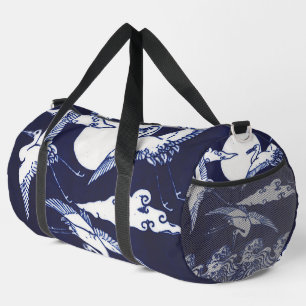 Weiße Vintage-Kraniche auf dunklem Navy-Blau  Duffle Bag