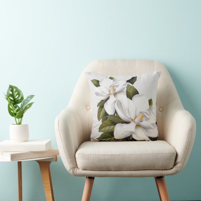 Weiße Vintage Magnolia Botanische Schrift Silber G Kissen (Stuhl )