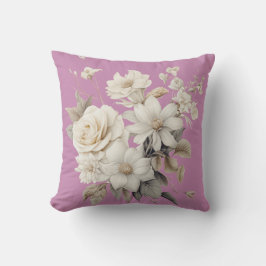 Weiße Vintage-Rosen & rosa Hintergrund Kissen