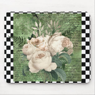 Weiße Vintage-Rosen & Schachbrettmuster Mousepad