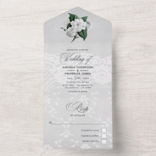 Weiße Vintage-Rosen und Spitze Hochzeit Alles in E All In One Einladung