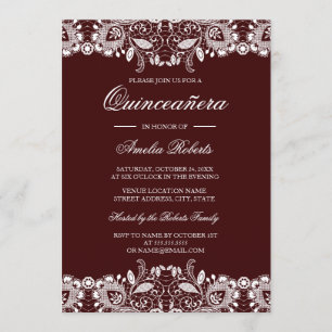 Weiße Vintage-Spitze Burgunder-Quinceanera-Einladu Einladung